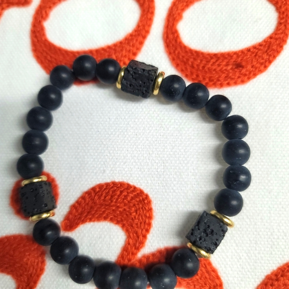 Lava Stone & Matt Black Onyx Beaded Bracelet  Volcanic cube Stone Bracel…